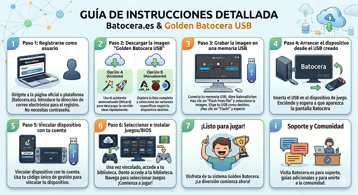 Infografía paso a paso para instalar y configurar Golden Batocera USB desde cero, incluyendo registro, grabación con balenaEtcher, configuración de BIOS de tu PC y vinculación de cuenta.